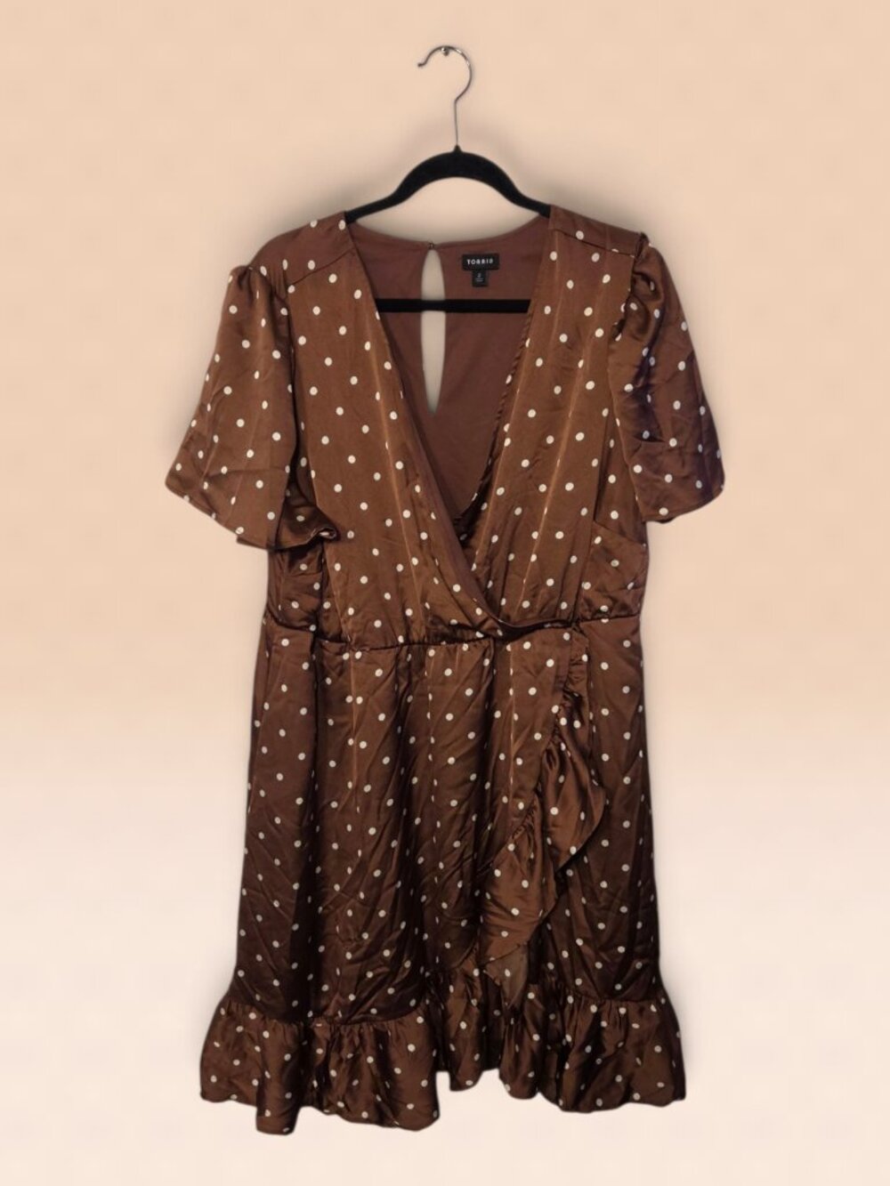 Torrid Dress Womens 2X Brown White Polka Dot Satin Wrap Faux Flutter Sleeve Midi